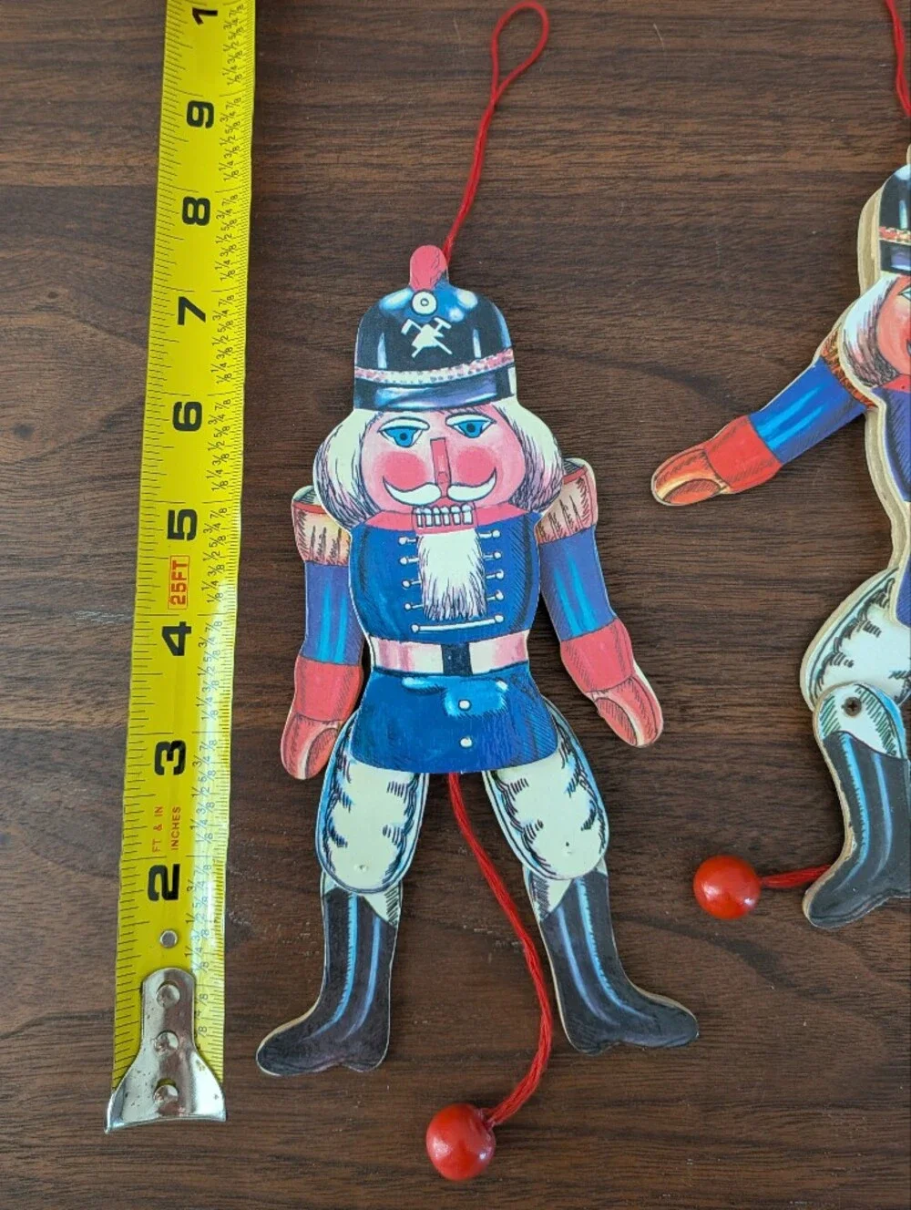 2 Vintage Christmas Nutcracker Pull String Jumping Jack Wooden Puppet Ornaments